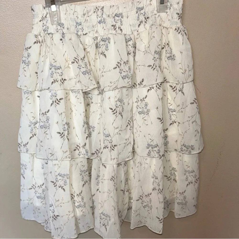 Womens White Blue Floral 2-Piece Set Off Shoulder Top + Skirt Cottagecore Boho S